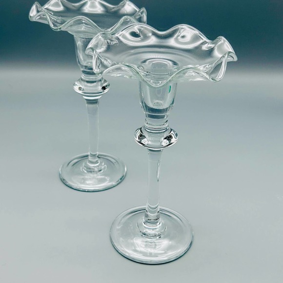 Art Glass Ruffled Taper Long stem Candlesticks 2 Piece - Picture 4 of 7